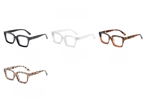 Close-up of square eyeglass frames in black blue, transparent, and tortoiseshell colors