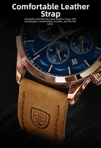 Macro shot of blue dial chronograph with rose gold case and brown leather strap
