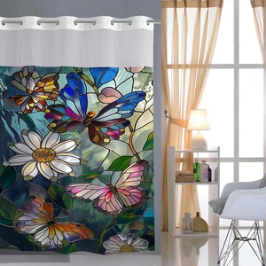 Detail view of double-layer waterproof shower curtain with colorful stained glass flower print