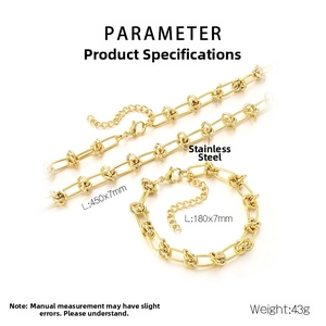 Detailed specs for gold stainless steel knot chain jewelry set with necklace and bracelet