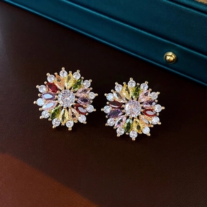 Gold plated sunflower stud earrings with vibrant multi-colored marquise zircon petals