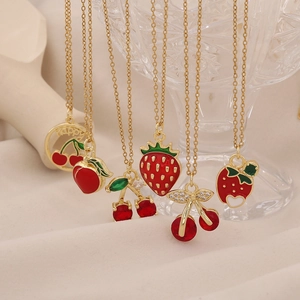 Cute Fruit Pendant Necklace Copper Stainless Steel Red Cherry Strawberry Peach Sweet Jewelry For Women