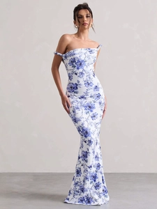 Elegant one-shoulder blue and white floral maxi fishtail dress with a slim fit profile