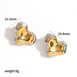 Two-tone gold and silver stainless steel double heart stud earrings for women