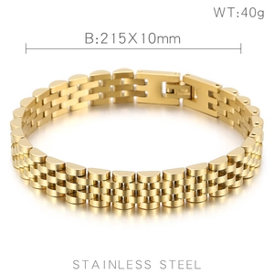 Detail view of 10mm gold stainless steel watch band bracelet with size and weight info