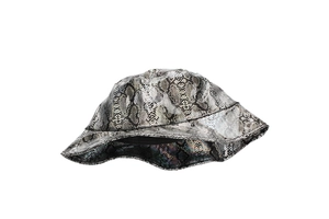 Detailed view of the snakeskin textured PVC bucket hat with waterproof faux leather finish