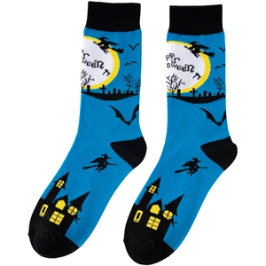 Detail of blue Halloween socks with Happy Halloween text, witch and bat knit patterns