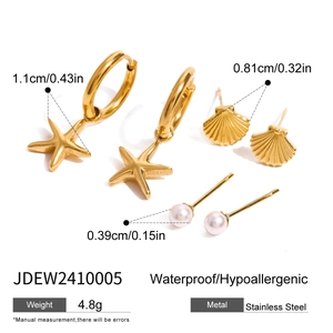 Dimensions détaillées pour l'ensemble de boucles d'oreilles étoile, coquille et perle