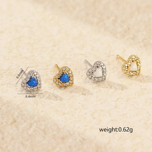 Heart-shaped S925 silver stud earrings with synthetic opal and halo cubic zirconia