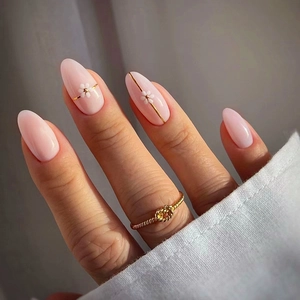 Almond Press On Nails Pink White Flower Gold Line Glossy Sweet Manicure For Women