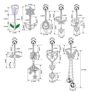 Detailed size specifications for zircon belly button rings including tulip and butterfly motifs