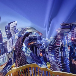 Detailed close-up showing the silky satin texture and urban architecture print of the tapestry