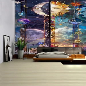 Detail of celestial sun and moon wall tapestry in a modern minimalist bedroom setting