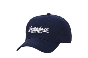 Detailed view of Dartmouth 1993 white 3D embroidery on a navy cotton baseball cap