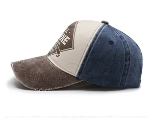 Side view of retro washed baseball cap with vintage EL-RINE embroidery and tricolor patchwork