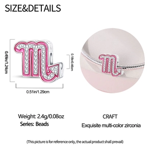 Pink Scorpio zodiac charm bead size guide with dimensions and jewelry detail view