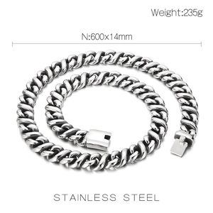 Detailed view of silver stainless steel Cuban chain necklace with dimensions 600mm x 14mm