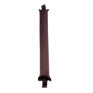 Close-up of a dark brown satin heatless hair curler with black snap buttons on both ends