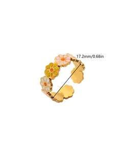 Detail shot of 18k gold plated ring featuring colorful enamel flowers and 17.2mm size