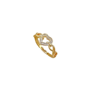 Adjustable gold heart ring with chain design and micro-pave crystals on white background