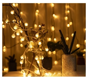 Detail of warm white LED globe string lights wrapped on dried flowers in a glass bottle
