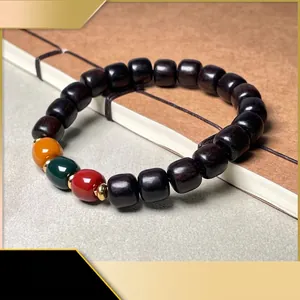 Ethnic Style Polished Wood Bead Bracelet With Multicolor Contrast Beads Sandalwood Ebony Jewelry For Men Women Daily Accessory