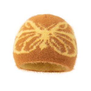 Winter thermal knit beanie in ginger yellow with stylish butterfly pattern for women