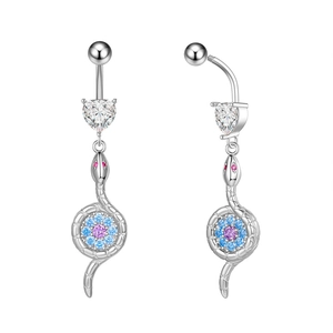 Detail of silver snake belly ring featuring heart zircon and colorful gemstones