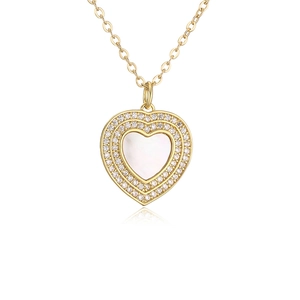 Golden heart pendant necklace with white shell center and zircon inlay on white background
