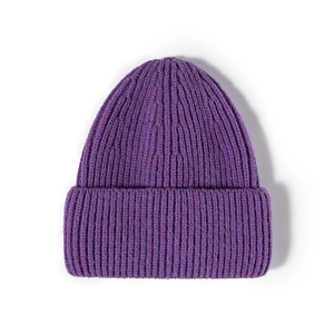Classic purple ribbed knit beanie cap with wide folded cuff for winter warmth