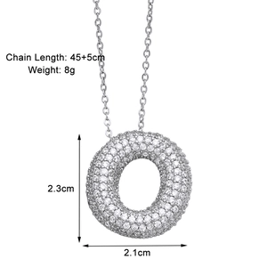 Detail of round full zircon pendant necklace with 45+5cm chain length and size specs