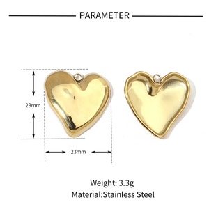 Detailed size chart of gold heart pendant 23mm x 23mm in polished stainless steel