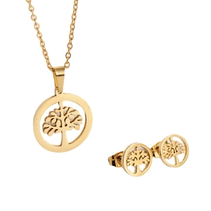 Élégant ensemble de bijoux arbre de vie doré avec collier à pendentif ajouré et boucles