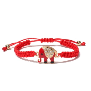 Handmade red braided elephant bracelet with gold trim and sparkling rhinestones