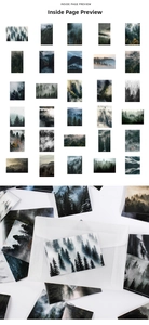 Detail showing 30-piece forest themed adhesive sticker set with misty pine trees and nature scenery
