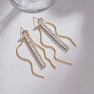 Elegant 304 stainless steel tassel earrings with rectangular cubic zirconia accents