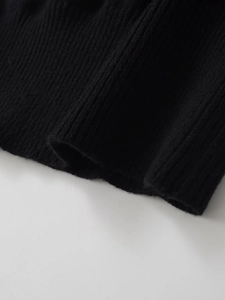 Close-up detail of black ribbed knit fabric with soft texture and vertical patterns