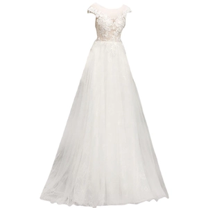 Lace beaded wedding dress with sheer neckline and layered tulle A-line silhouette