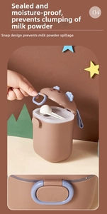 Detail of baby milk powder container with secure blue buckle closure and portable handle