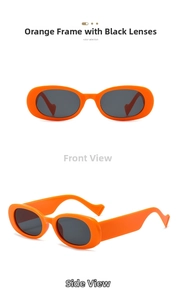 Detail view of retro oval sunglasses with thick orange frames and dark grey lenses