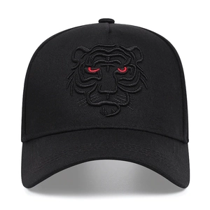 Black baseball cap for men featuring a striking tiger head embroidery with red eyes details