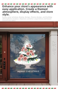 Detail of Christmas tree window sticker with pink flowers and Merry Christmas text
