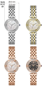 Collage of women's watches in silver, gold, and rose gold with metal link strap