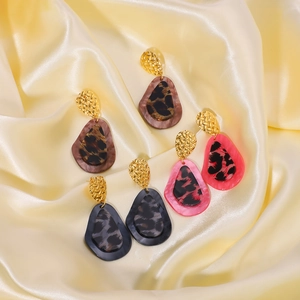 Leopard print resin teardrop earrings in coffee pink and grey on silk fabric