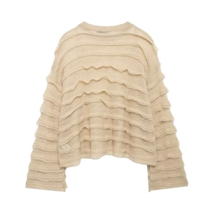 Beige tiered ruffle knit sweater with round neck and long sleeves in vintage style