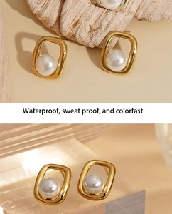 Detailed view of square gold pearl earrings featuring waterproof and colorfast finish