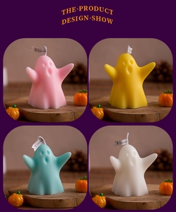 Set of four ghost shaped scented candles in pink, yellow, blue, and white colors