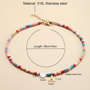 316L stainless steel colorful bead necklace with shell heart and gold letter A pendant