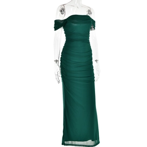 Detail of green mesh bodycon dress with off-shoulder neckline and elegant ruched texture