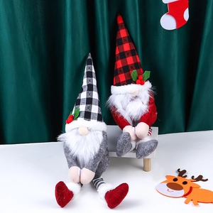Pair of Christmas faceless gnome plush dolls with plaid hats for window decoration